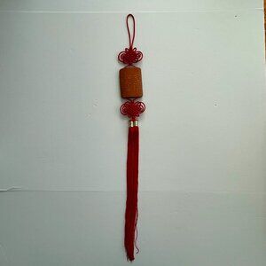 Chinese Carved Wood Red Knots And Tassles Hanging Good Luck Pendant  Circa 1970